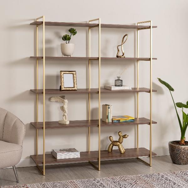 ESTANTERIA DALT 3 BASES METAL ORO CON 5 BALDAS NOGAL DE 150 CM. 150*40*181 CM