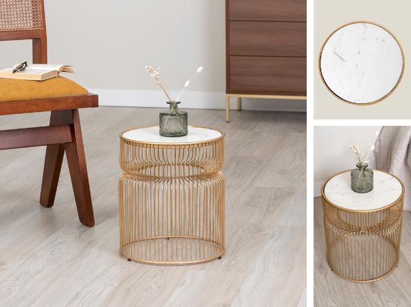 MESA AUXILIAR METAL DORADO Y SUPERFICIE MARMOL BLANCO. 40*36 CM)