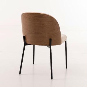 Ingrid chair, curved walnut veneer seat and beige upholstery