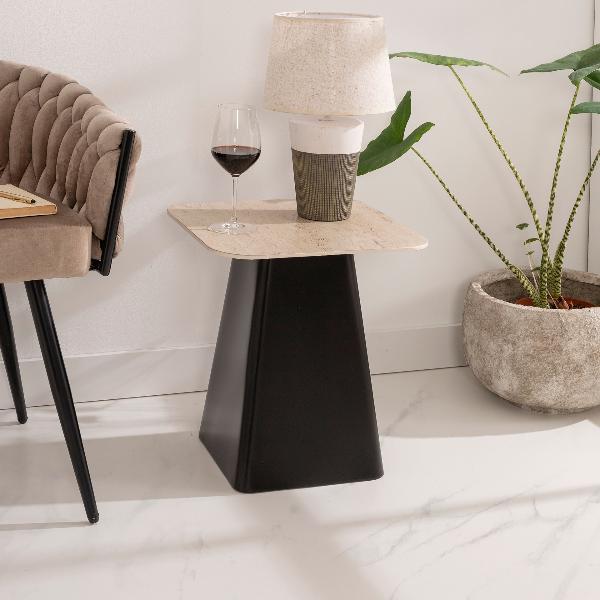 MESA AUXILIAR 47*40*40 CM. BASE METAL NEGRO Y TAPA MARMOL TRAVERTINO