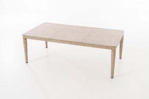 Formentor terrace set, sofa, 2 armchairs and a coffee table in imitation wood aluminum and beige seat