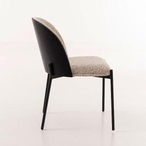 Ingrid chair, curved black veneer seat and mottled white upholstery