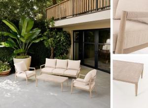 Formentor terrace set, sofa, 2 armchairs and a coffee table in imitation wood aluminum and beige seat