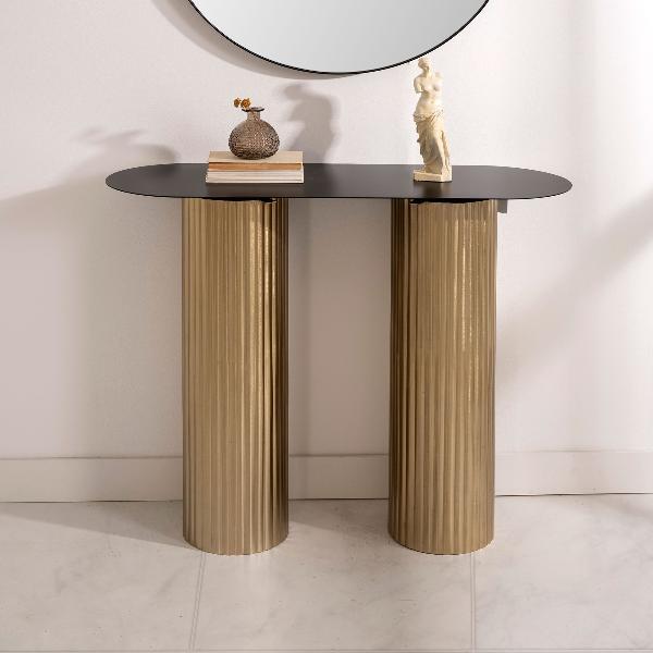 CONSOLA 100*35*80 CM. METAL DORADO GALVANIZADO, TAPA ESMALTADO NEGRO