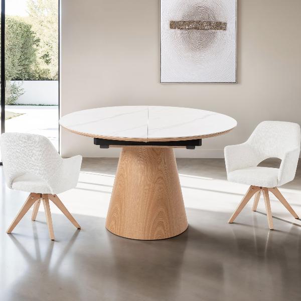 MESA COMEDOR 120*120 CM, EXTENSIBLE A 160*120 CM. TAPA PORCELANICO BLANCO, PIE CHAPA ROBLE. ALTURA 76 CM