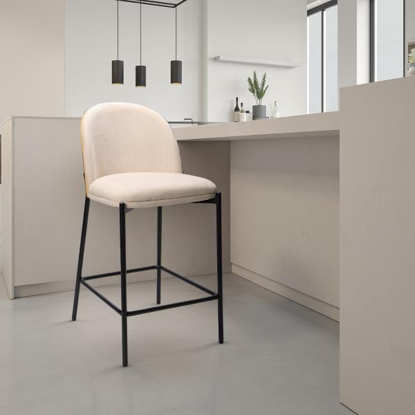 TABURETE INGRID 90*51*59 CM, ASIENTO CHAPA NOGAL CURVADO, TAPIZADO BEIGE Y PATAS METALICAS EN NEGRO, TEJIDO AQUACLEAN