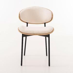 Lena chair, curved oak veneer seat and beige upholstery