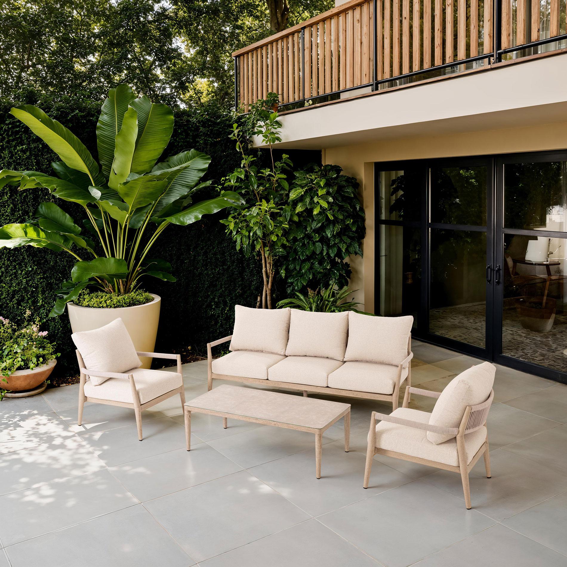 Formentor terrace set, sofa, 2 armchairs and a coffee table in imitation wood aluminum and beige seat