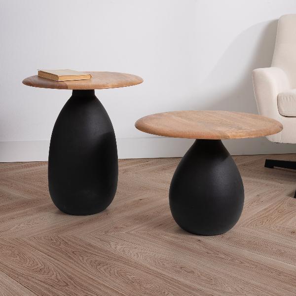 MESAS AUXILIARES BASE METAL, TAPA MADERA MANGO