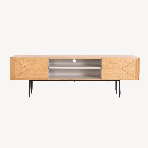 MUEBLE TV KALMAR 180*40*58 CM. CHAPA DE ROBLE NATURAL Y LACADO AQUAMARINA. PATAS METAL NEGRO (KIT)