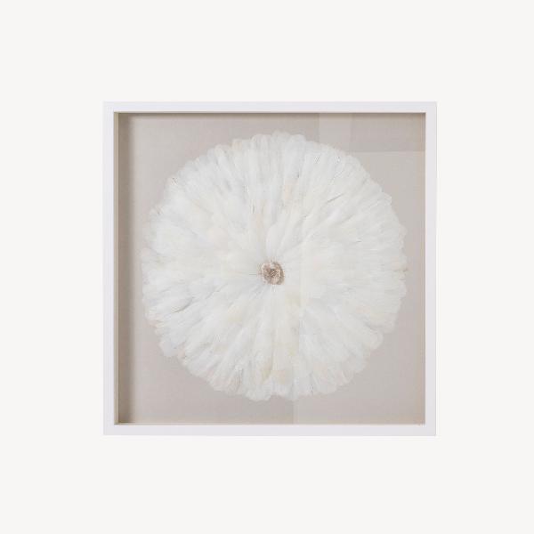 CUADRO VITRINA 80*80 CM, MARCO BLANCO CON PLUMAS Y PIEDRA CRISTAL