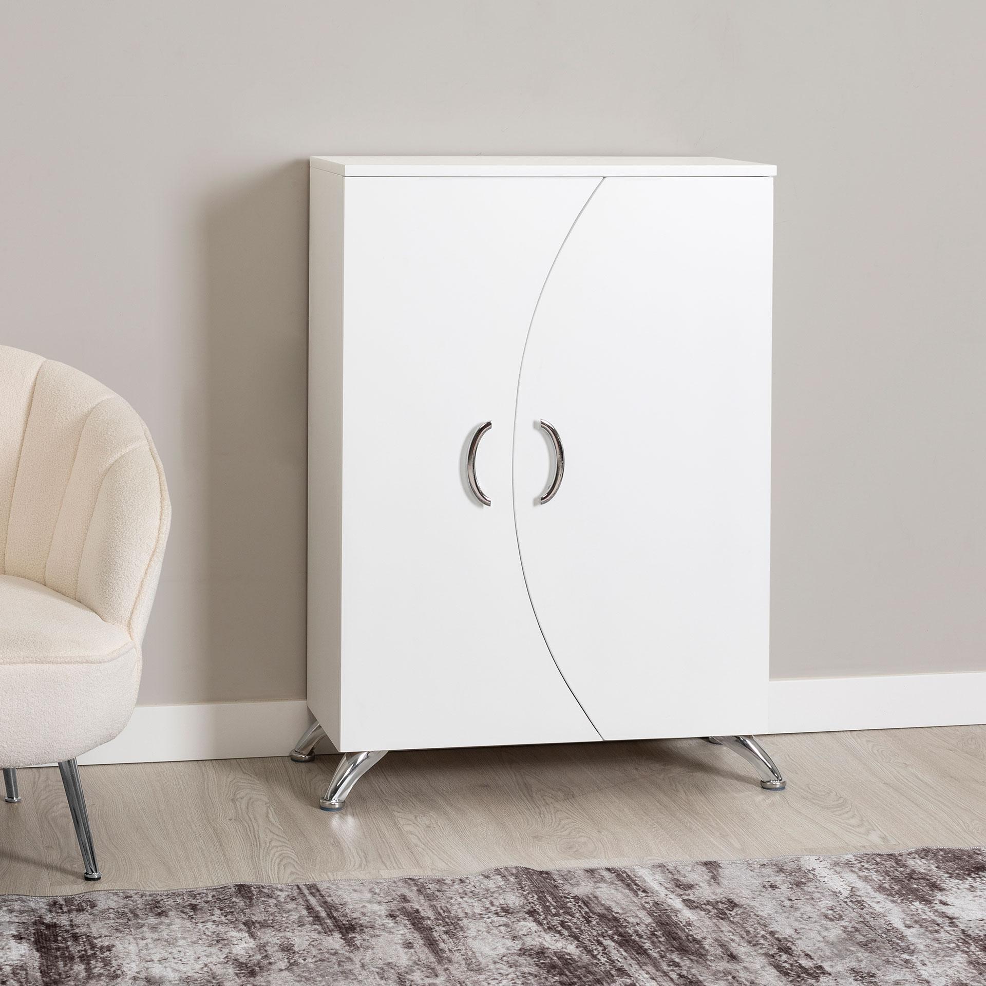 White lacquered shoe rack with 2 doors and metal legs, 110 x 74 x 33 cm