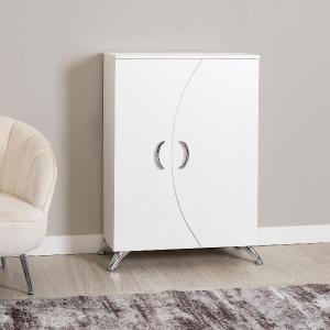 White lacquered shoe rack with 2 doors and metal legs, 110 x 74 x 33 cm