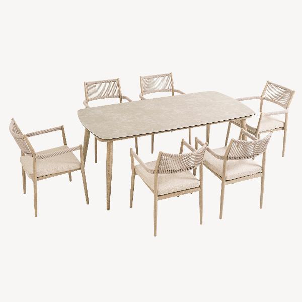 SET COMEDOR TERRAZA MACARELLA,MESA 180*90 + 6 SILLAS ALUMINIO IMITACIÓN MADERA Y ASIENTOS BEIGE