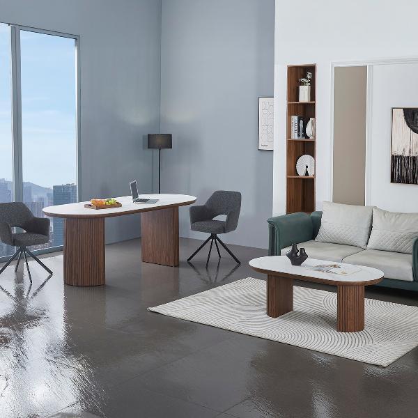 MESA COMEDOR + MESA SOFA CHAPA NOGAL + TAPA PORCELANICO