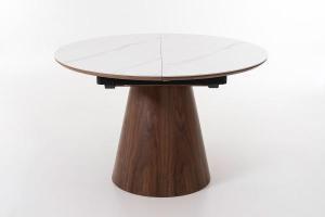 Ausziehbarer Esstisch 120/160*76 cm, Walnussfurnier und weißes Porzellan