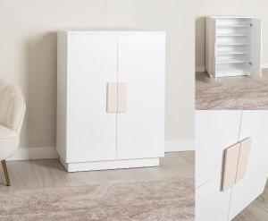 White lacquered shoe rack with mink handle, 2 doors and plinth, 120 x 80 x 36 cm