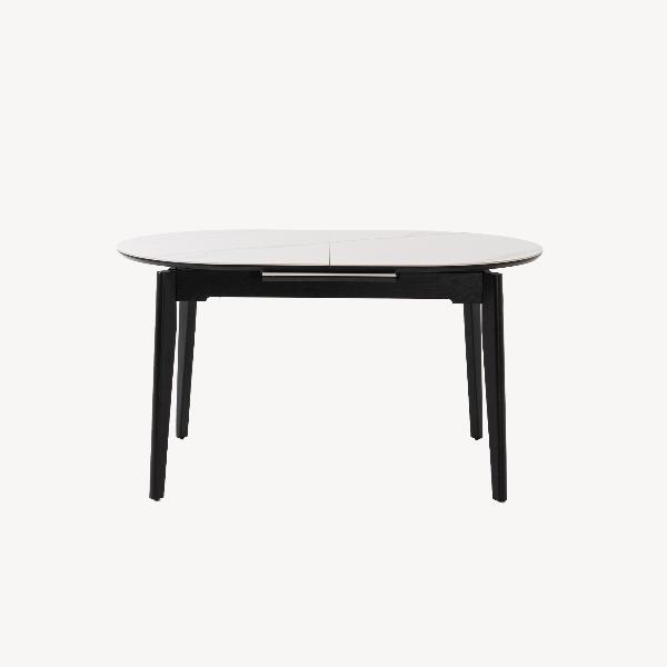 MESA EXTENSIBLE OVALADA 140-180*85*76 CM, TAPA PORCELANICO BLANCO Y BASE METAL NEGRO