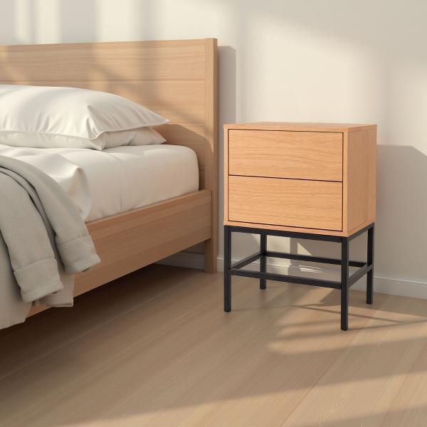 MESITA PUSH 2 CAJONES CHAPA ROBLE. BASE METAL NEGRO. 74*48*33,5 CM