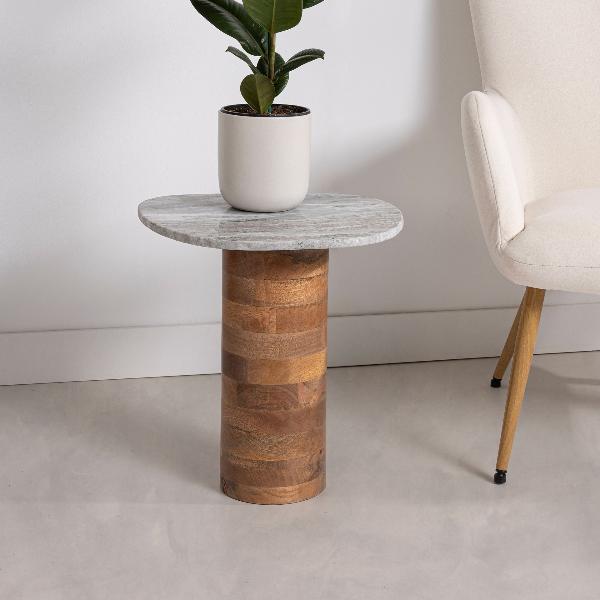 MESA AUXILIAR BASE MADERA Y TAPA DE MÁRMOL. 41*44*37 CM
