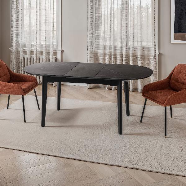 MESA EXTENSIBLE OVALADA 140/180*85*76 CM, TAPA PORCELANICO NEGRO Y BASE METAL NEGRO