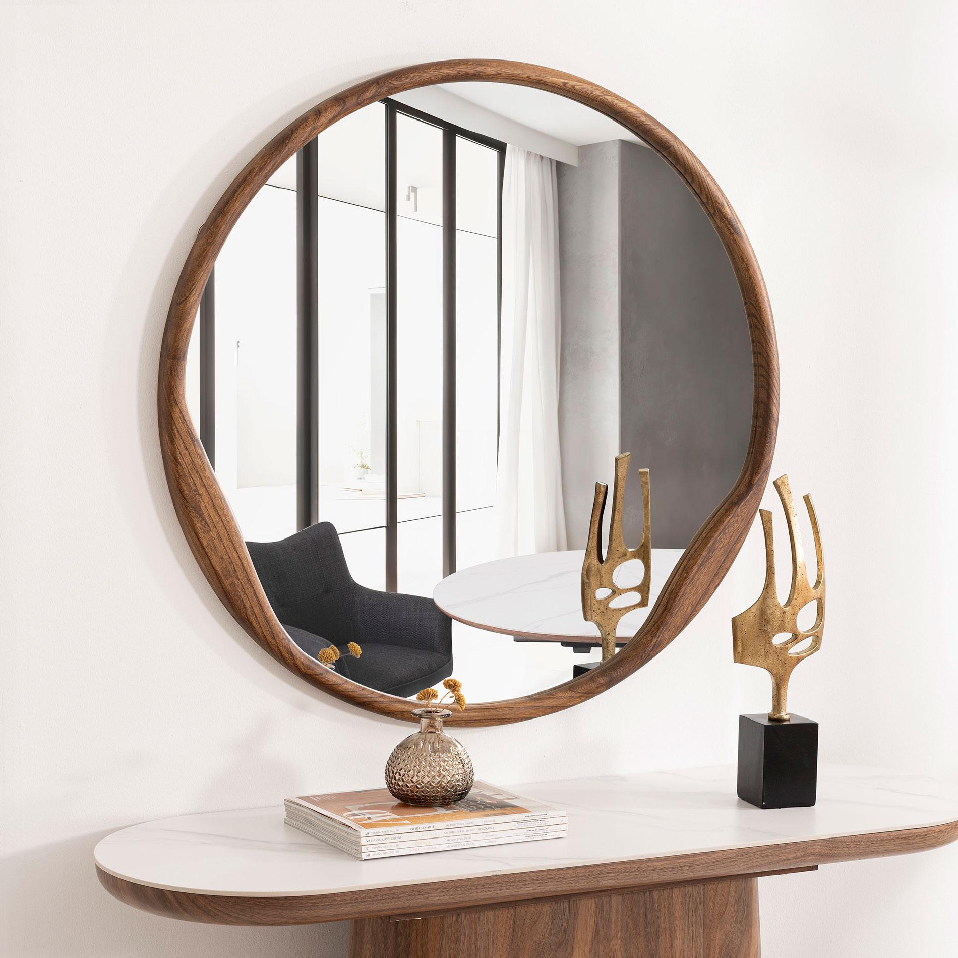 Circular walnut wood mirror 90*90 cm