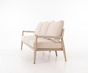 Formentor terrace set, sofa, 2 armchairs and a coffee table in imitation wood aluminum and beige seat