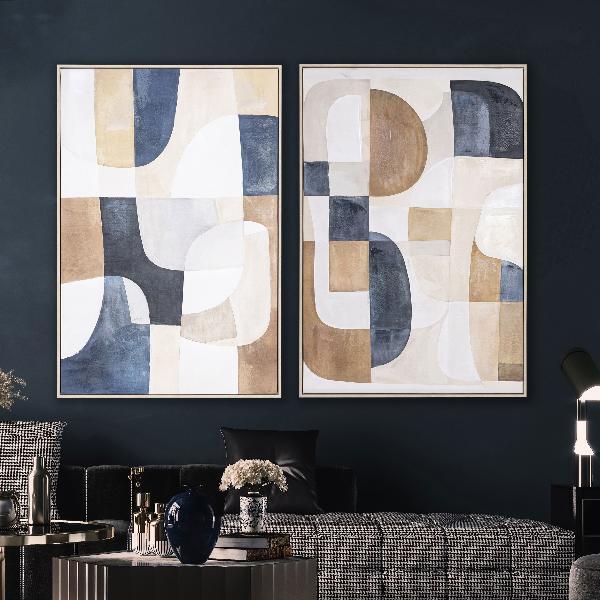 SET 2 LIENZOS OLEO 60X90 CM. MARCO ROBLE, FORMAS GEOMÉTRICAS AZUL Y TIERRA (A)