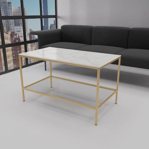 MESA CENTRO METAL, BALDA CRISTAL CON TAPA MARMOL. 90*50*50 CM