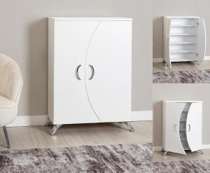 White lacquered shoe rack with 2 doors and metal legs, 110 x 74 x 33 cm