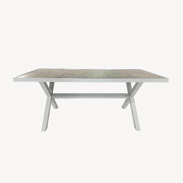 MESA PARA EXTERIOR 185*94*75 CM, ALUMINIO BLANCO Y TAPA CERAMICA EFECTO MADERA
