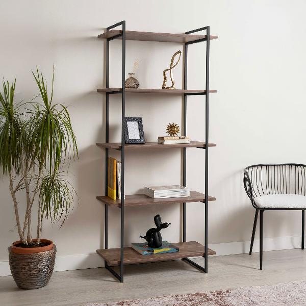 ESTANTERIA DALT 2 BASES METAL NEGRO CON 5 BALDAS NOGAL DE 80 CM. 80*40*180 CM