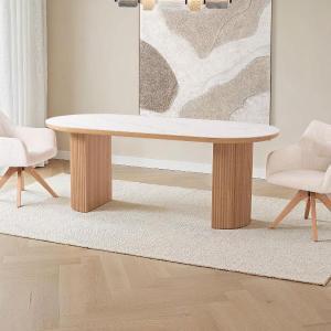 TABLE DE SALLE À MANGER PLATEAU OVALE 200*90*75CM, PLATEAU EN PORCELAINE BLANCHE, PIEDS EN PLACAGE DE CHÊNE