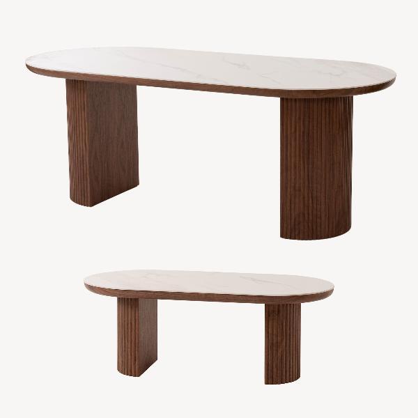 MESA COMEDOR + MESA SOFA CHAPA NOGAL + TAPA PORCELANICO