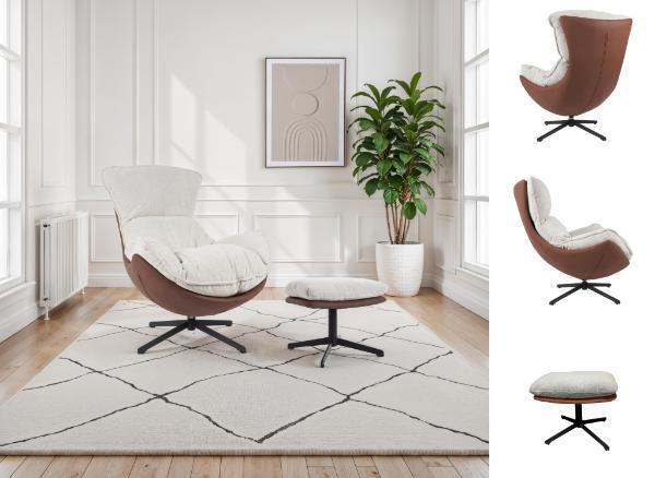 SILLON HANS GIRATORIO 360º. TAPIZADO TERRACOTA Y BEIGE CON REPOSAPIES A JUEGO