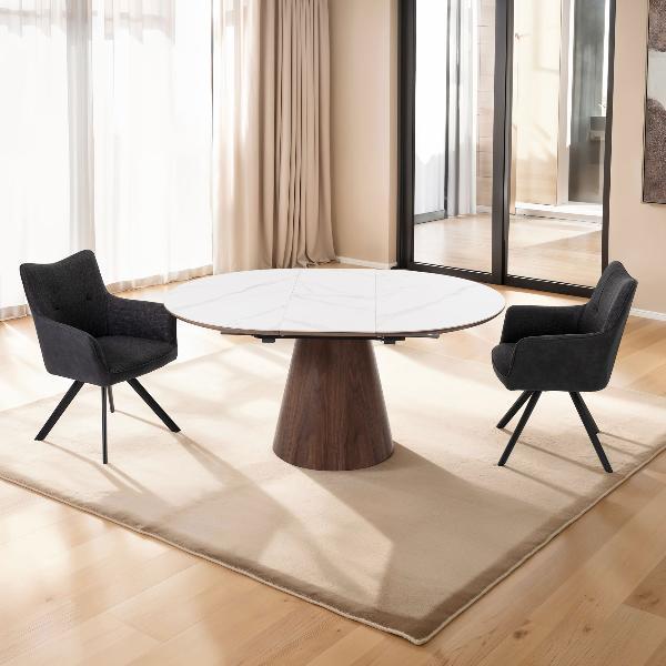 MESA COMEDOR 120*120 CM, EXTENSIBLE A 160*120 CM. TAPA PORCELANICO BLANCO, PIE CHAPA NOGAL. ALTURA 76 CM
