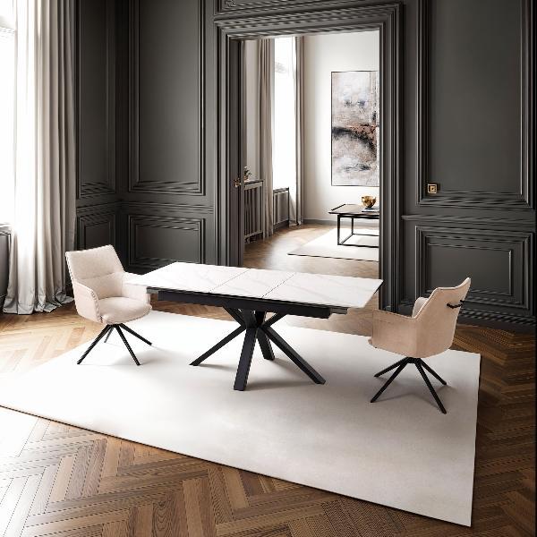 MESA EXTENSIBLE 140/180*85*76 CM, TAPA PORCELANICO BLANCO Y BASE METAL NEGRO