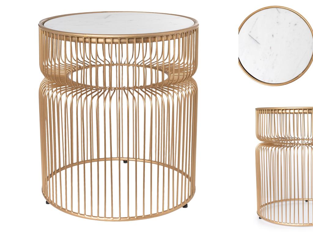 MESA AUXILIAR METAL DORADO Y SUPERFICIE MARMOL BLANCO. 40*36 CM)