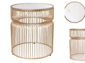 MESA AUXILIAR METAL DORADO Y SUPERFICIE MARMOL BLANCO. 40*36 CM)