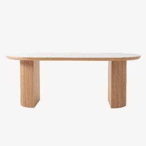 TABLE DE SALLE À MANGER PLATEAU OVALE 200*90*75CM, PLATEAU EN PORCELAINE BLANCHE, PIEDS EN PLACAGE DE CHÊNE