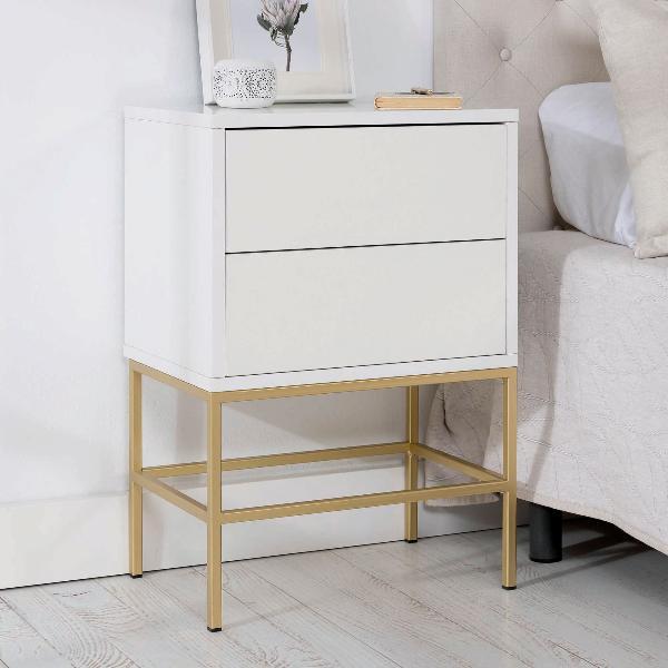 MESITA PUSH 2 CAJONES LACADA BLANCO. BASE METAL ORO. 74*48*33,5 CM