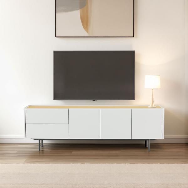 MUEBLE TV POL 180*40*58 CM. LACADO GRIS PIEDRA Y CHAPA DE ROBLE. PATAS METAL NEGRO (KIT)