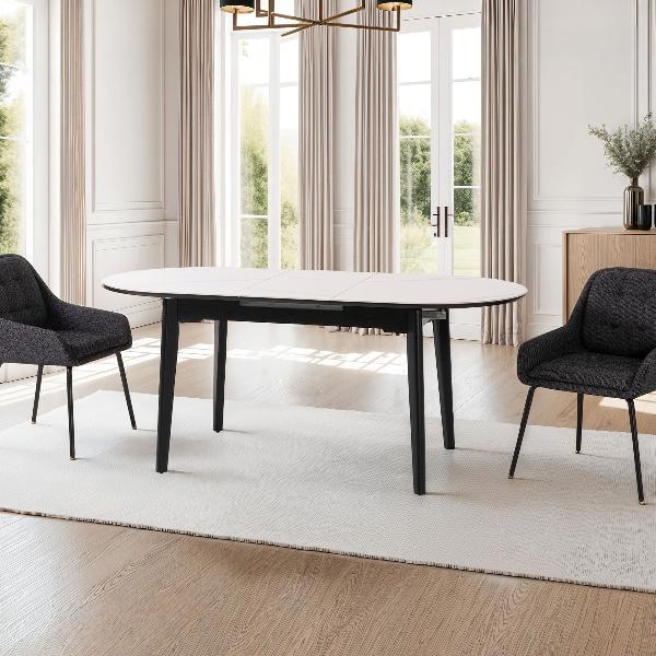 MESA EXTENSIBLE OVALADA 140-180*85*76 CM, TAPA PORCELANICO BLANCO Y BASE METAL NEGRO