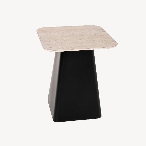 MESA AUXILIAR 47*40*40 CM. BASE METAL NEGRO Y TAPA MARMOL TRAVERTINO