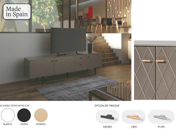 MUEBLE TV DIAMOND 3 PUERTAS + 2 CAJONES, VISAGRAS Y CAJONES DE FRENO 222*50.5*40 CM. LACADO PERLADO