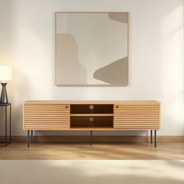 MUEBLE TV NELA 150*50*40 CM. CHAPA DE ROBLE Y DM NEGRO. PATAS METAL NEGRO (KIT)