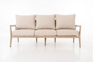 Formentor terrace set, sofa, 2 armchairs and a coffee table in imitation wood aluminum and beige seat