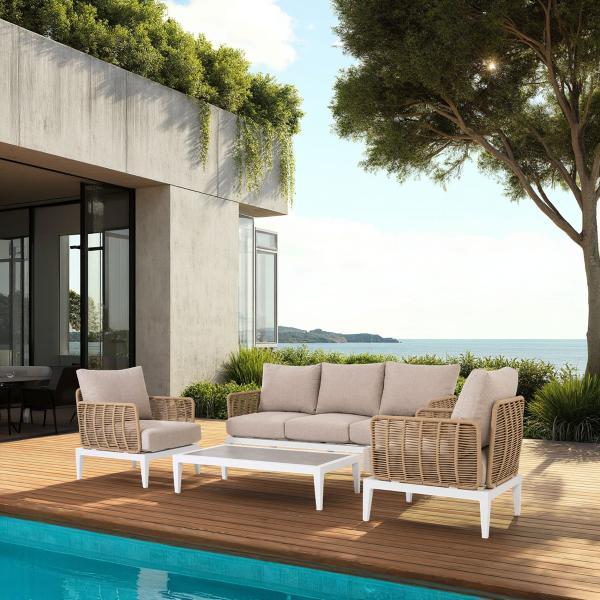 SET TERRAZA GRANADELLA, SOFAS Y MESA DE CENTRO ALUMINIO BLANCO, CUERDA SINTETICA Y ASIENTOS BEIGE