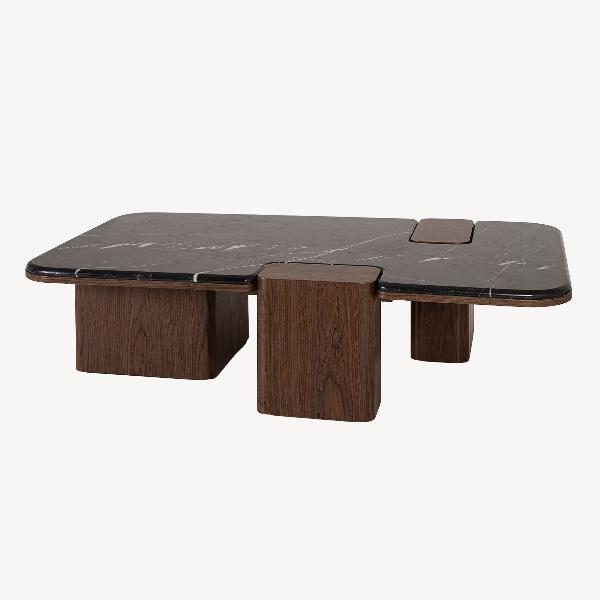 MESA SOFA DELFOS. CHAPA MADERA NOGAL Y TAPA MARMOL BLANCO. 120*70*31 CM