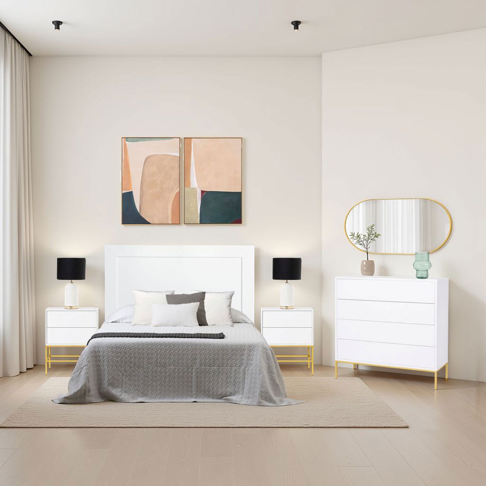 Mesita Push 2 cajon lacado blanco base oro 48 cm